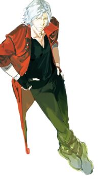 1boy black_gloves black_pants black_shirt closed_mouth coat collarbone collared_coat commentary crossed_legs dante_(devil_may_cry) devil_may_cry_(series) devil_may_cry_5 dutch_angle fingerless_gloves gloves hands_on_own_hips highres looking_at_viewer male_focus open_clothes open_coat pants parted_hair red_coat shirt simple_background solo v-neck watson_cross white_background white_hair xscr1205