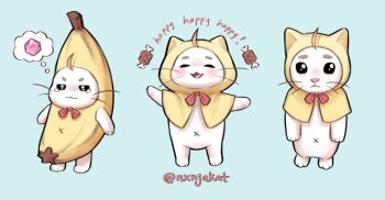 :3 ^_^ ahoge animal animal_focus banana_costume black_eyes blue_background bone bow bowtie cat cloak closed_eyes closed_mouth clothed_animal commentary diamond_(gemstone) ear_covers english_commentary english_text food frown gem happy hood hood_up hooded_cloak infinity_nikki light_blush littlebigplanet meat momo_(nikki) navel nikki_(series) no_humans nxnjakat outstretched_arms pawpads pink_gemstone red_bow red_bowtie sad simple_background smile speech_bubble spoken_object standing tearing_up thought_bubble twitter_username v-shaped_eyebrows whiskers white_cat yellow_cloak