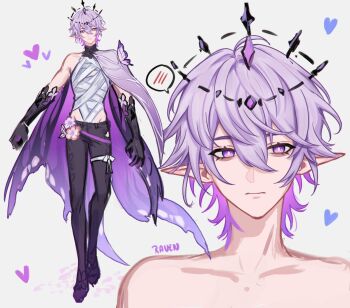 1boy bandaged_torso black_pants black_tiara cape castorice_(honkai:_star_rail) closed_mouth collarbone commentary_request genderswap genderswap_(ftm) grey_background hair_between_eyes highres honkai:_star_rail honkai_(series) jhenny345 long_pointy_ears male_focus medium_hair multiple_views mutation pants pointy_ears purple_cape purple_eyes purple_hair side_cape simple_background spanish_commentary spoken_blush tiara