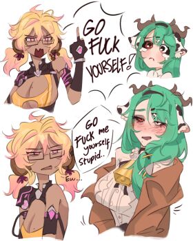 2girls absurdres ahoge animal_ears bell black_gloves blonde_hair blush breasts brown_coat cleavage cleavage_cutout clothing_cutout coat colored_sclera cow_ears cow_girl cow_horns cowbell crelly cyborg dark-skinned_female dark_skin elbow_gloves english_text fingerless_gloves glasses gloves green_hair grey_sclera hair_ornament hairband heterochromia highres horns indie_virtual_youtuber jiro_draws_cats koko_d._nuts large_breasts long_hair mechanical_arms mismatched_sclera mole mole_on_breast mole_under_mouth monkey_ears monkey_girl multiple_girls open_mouth pink_eyes pink_hair red_eyes seductive_smile shirt side_ponytail smile tearing_up tears twintails virtual_youtuber white_background white_shirt x_hair_ornament yuri