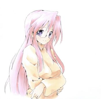 1girl arms_under_breasts breasts cropped_torso crossed_arms glasses happy highres long_hair long_sidelocks lucky_star orange_sweater pink_hair purple_eyes round_eyewear shiki_59 sidelocks simple_background smile sweater takara_miyuki white_background