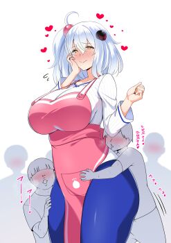 1girl 5boys absurdres age_difference apron blush bombergirl breasts bulge erection erection_under_clothes heart highres huge_breasts japanese_text looking_at_viewer medium_hair multiple_boys penis shiroe_(bombergirl) shota simple_background size_difference smile white_background white_hair