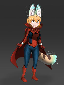 Rule 34 | 1girl, :d, absurdres, animal ear fluff, animal ears, animal print, artist name, black trim, blonde hair, blush, bodysuit, breasts, cape, cat ears, cat girl, cat tail, commentary, cosplay, extra ears, full body, grey background, hair between eyes, highres, jonstrange0613, kemono friends, kemono friends 3, large breasts, looking at viewer, marvel, multicolored bodysuit, open mouth, print bodysuit, red bodysuit, red cape, serval (kemono friends), short hair, signature, simple background, smile, solo, spider-man, spider-man (cosplay), spider-man (series), spider print, spider web print, standing, striped tail, superhero costume, tail, two-tone bodysuit, what if...? (disney+), yellow eyes, yellow tail