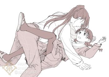 Rule 34 | 1boy, 1girl, braid, chara no7, commentary request, contemporary, freckles, greyscale, jinshi (kusuriya no hitorigoto), kusuriya no hitorigoto, long hair, long sleeves, low twin braids, maomao (kusuriya no hitorigoto), medium skirt, monochrome, pantyhose, ponytail, school uniform, serafuku, skirt, twin braids, twitter username, watermark