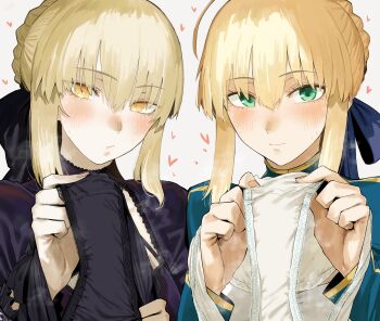 2girls absurdres artoria_pendragon_(fate) black_panties blonde_hair blush commentary_request fate/stay_night fate_(series) green_eyes heart hero_neisan highres holding holding_panties holding_underwear holding_unworn_clothes looking_at_viewer multiple_girls panties presenting_removed_panties saber_(fate) saber_alter underwear white_panties yellow_eyes