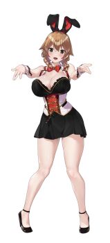 1girl :d animal_ears bare_legs bow bowtie braid breasts brown_hair bunny_garden bunny_garden_2 cleavage fake_animal_ears frills full_body green_eyes high_heels highres kana_(bunny_garden) large_breasts looking_at_viewer nontraditional_playboy_bunny official_alternate_costume official_art open_mouth outstretched_hand qureate rabbit_ears red_bow red_bowtie skirt smile transparent_background twin_braids wrist_cuffs yamacchi