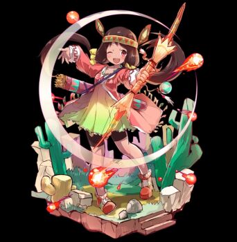 1girl :d arrow_(projectile) bike_shorts black_background blush bow bow_(weapon) breasts brown_eyes brown_hair brown_shoes cactus dress fire full_body hair_bow hands_up headdress highres holding holding_bow_(weapon) holding_weapon inia_(merc_storia) jewelry long_hair long_sleeves low_twintails merc_storia merc_storia_art_team native_american native_american_headdress necklace official_art one_eye_closed open_mouth pink_dress quiver shoes simple_background small_breasts smile solo standing tachi-e teeth twintails upper_teeth_only weapon yellow_bow