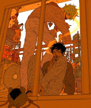 2boys arm_tattoo baby_animal barefoot black_hair blonde_hair clutter commentary_request condenser_unit dog donquixote_rocinante facepaint hand_tattoo heart highres jurokutya lipstick makeup male_focus multiple_boys one_piece patio plant potted_plant smoking tattoo trafalgar_law