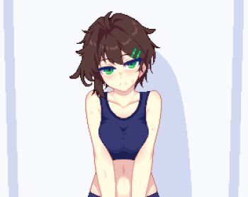 1girl ahoge animated animated_gif blue_sports_bra blush breasts brown_hair clothes_lift collarbone green_eyes hair_ornament hairclip hanekenomichi-chan hurumero long_hair looking_at_viewer medium_breasts navel nipple_stimulation nipple_tweak nipples original solo sports_bra sports_bra_lift sweat underwear
