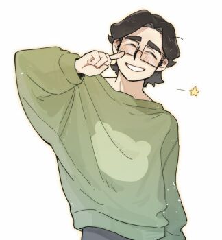 1boy animal_print black-framed_eyewear black_hair blush closed_eyes commentary evgeny_seleznev facing_viewer glasses green_shirt green_sweater grin hand_up highres long_sleeves male_focus my_student_spirit pants shirt short_hair simple_background smile solo star_(symbol) sweater symbol-only_commentary teeth thick_eyebrows white_background yy20251111