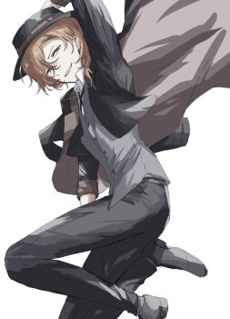 Rule 34 | 1boy, arm up, black pants, blue eyes, bungou stray dogs, coat, collared shirt, commentary request, fedora, from side, hat, highres, ilz1x6, jumping, looking at viewer, male focus, nakahara chuuya (bungou stray dogs), neck ribbon, orange hair, pants, parted lips, ribbon, shirt, short hair, simple background, solo, teeth, unworn coat, vest, waistcoat, white background, white shirt