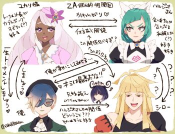 1boy 1other 3girls akasata blonde_hair character_request dark-skinned_female dark_skin gloves green_hair gwynn_(pokemon) hat ivor_(pokemon) jacinthe_(pokemon) lebanne_(pokemon) long_hair looking_at_another looking_at_viewer multiple_boys multiple_girls nintendo open_mouth pink_hat pokemon pokemon_legends:_z-a purple_eyes purple_hair short_hair white_gloves