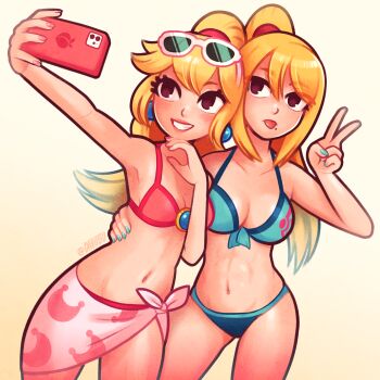 Rule 34 | 2girls, artist name, bikini, blonde hair, blue bikini, blue nails, breasts, cellphone, commentary, earrings, english commentary, eyewear on head, halterneck, highres, holding, holding phone, jewelry, long hair, mario (series), metroid, midriff, mole, mole under eye, multiple girls, nail polish, nintendo, phone, pink bikini, pink nails, ponytail, princess peach, princess peach (swimwear), samus aran, selfie, signature, smartphone, string bikini, super mario odyssey, swimsuit, tongue, tongue out, tsuvida, twitter username, v