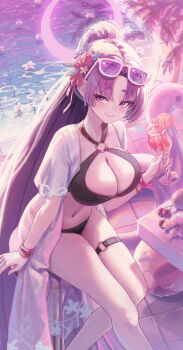 1girl absurdres bikini black_bikini blue_archive breasts eyeshadow eyewear_on_head halo highres makeup o-ring o-ring_bikini official_alternate_costume official_alternate_hairstyle pink-framed_eyewear pool poolside purple_halo red_eyeshadow solo swimsuit sxrxri_a yukari_(blue_archive) yukari_(swimsuit)_(blue_archive)