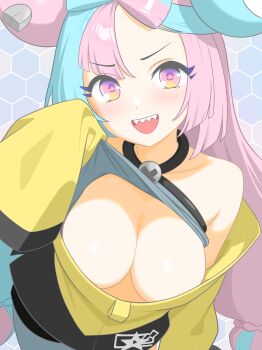 1girl :d absurdres alternate_breast_size_(larger) bow-shaped_hair breasts character_hair_ornament cleavage clothes_lift commentary_request criss-cross_halter hair_ornament halterneck happy highres iono_(pokemon) jacket large_breasts lifting_own_clothes long_hair looking_at_viewer majikichi915 medium_breasts multicolored_hair nintendo open_mouth pink_eyes pink_hair pokemon pokemon_sv revision sharp_teeth shirt_lift sleeves_past_fingers sleeves_past_wrists smile solo star_(symbol) star_print teeth twintails two-tone_hair upper_teeth_only yellow_jacket
