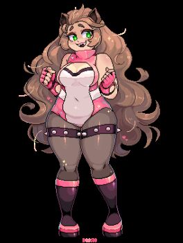 1girl ^_^ animal_ears animated animated_gif belly black_boots black_pantyhose boku_no_hero_academia boots breasts cleavage cleavage_cutout clenched_hands closed_eyes clothing_cutout doosio fingerless_gloves full_body gloves green_eyes leotard lowres medium_breasts navel original pantyhose pink_gloves pink_leotard pixel_art plump raised_inner_eyebrows smile solo spiked_hair transparent_background