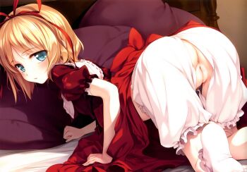 1girl absurdres all_fours anus ass blonde_hair bloomers blue_eyes bobby_socks cleft_of_venus clothes_lift clothing_cutout crotch_cutout crotchless crotchless_bloomers crotchless_panties dress dress_lift feet female_focus flat_chest from_behind hair_ribbon highres ke-ta loli looking_back medicine_melancholy no_shoes panties pussy ribbon short_hair socks solo third-party_edit touhou uncensored underwear white_socks