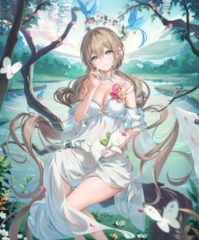 1girl absurdres animal_on_arm bird blue_bird breasts brown_hair bug butterfly cleavage commentary dress earrings flower green_eyes green_nails hair_between_eyes head_wreath highres hoop_earrings houkisei insect jewelry long_dress long_hair looking_at_viewer low_twintails medium_breasts momoko_(houkisei) nature original outdoors parted_lips pond side_slit sitting_on_branch sky solo symbol-only_commentary twintails very_long_hair white_dress