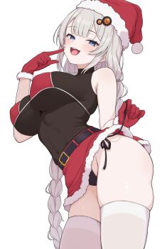 1girl absurdres ahoge belt black_belt black_panties black_shirt blue_eyes braid breasts commentary_request from_below grey_hair hair_ornament hat highres kizuna_akari large_breasts long_hair looking_at_viewer panties red_hat red_skirt santa_hat shirt shun_(b.c) side-tie_panties simple_background skirt sleeveless sleeveless_shirt solo thighs turtleneck turtleneck_shirt twin_braids underwear very_long_hair voiceroid white_background