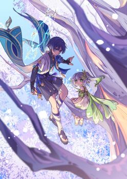 Rule 34 | 1boy, anklet, arm at side, armlet, armor, artist name, asymmetrical sidelocks, belt, black belt, black bodysuit, black bow, black bridal gauntlets, black sandals, black shorts, blonde hair, blue cape, blue eyes, blue gem, blue halo, blue kimono, blue sleeves, blunt ends, bodysuit, bow, bridal gauntlets, cape, clenched hand, closed mouth, colored tips, covered collarbone, cross-shaped pupils, detached sleeves, dress, eyeliner, falling leaves, feathers, floating, frown, full body, furisode, gem, genshin impact, gold, gold ring, gold trim, green cape, green eyes, green hair, green pupils, green sleeves, hair between eyes, hair ornament, hakama, hakama shorts, half crown braid, halo, halo behind head, highres, instagram logo, japanese armor, japanese clothes, jewelry, juban, kimono, kote, kurokote, layered sleeves, leaf, leaf hair ornament, leg warmers, levitation, long hair, looking at viewer, looking back, makeup, mandala, mandarin collar, middle ring, multicolored hair, nahida (genshin impact), open clothes, open hand, open kimono, open mouth, outstretched arm, parted lips, partially shaded face, pleated shorts, pointy ears, pom pom (clothes), purple hair, purple rope, purple sash, red eyeliner, rope, sandals, sash, scaramouche (genshin impact), short sleeves, shorts, side ponytail, sidelocks, sitting, sitting on branch, socks, soulc1ty, stirrup footwear, stirrup legwear, symbol-shaped pupils, tareme, tassel, toeless legwear, toes, tree, tsurime, twitter logo, wanderer (genshin impact), white dress, white hair, white kimono, white leg warmers, white sleeves, white socks, white trim, yellow feathers, zouri