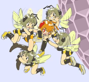 5girls antennae arthropod_girl bee bee_girl brown_hair bug child food fruit honeycomb_(pattern) honeycomb_background honeycomb_pattern hornet_girl insect insect_girl melon monster_girl multiple_girls one_eye_closed original pukao short_hair wasp wasp_girl wings wink