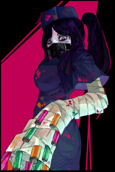 bandaged_arm bandages hallow_(skullgirls) hat heart heart-shaped_pupils leather_belt nurse nurse_cap pale_skin ratulit0e_(artist) skullgirls stained_clothes symbol-shaped_pupils syringe