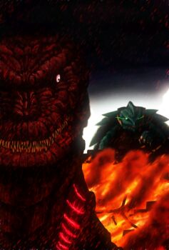 claws crossover daiei_film destruction embers fire gamera gamera_(series) gamera_3:_revenge_of_iris giant giant_monster glowing_body godzilla godzilla_(series) green_eyes kaiju monster motion_blur night no_humans no_pupils pink_eyes r-miminagi sharp_teeth shin_godzilla spiked_shell teeth toho turtle turtle_shell tusks