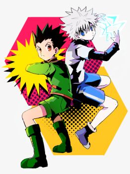 2boys arms_up ben-day_dots black_hair black_shirt blue_eyes blue_shoes boots brown_eyes closed_mouth collared_jacket electricity electrokinesis frown gon_freecss green_boots green_jacket green_shorts hunter_x_hunter jacket killua_zoldyck long_sleeves looking_to_the_side male_focus multiple_boys screentones shirt shoes short_hair short_sleeves shorts sideways_glance smcms-m standing striped_clothes striped_shorts t-shirt turtleneck vertical-striped_clothes vertical-striped_shorts white_background white_hair white_shirt widow&#039;s_peak