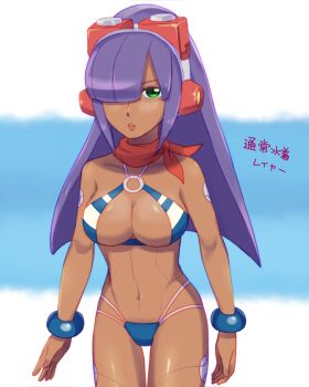1girl android bikini blunt_bangs bracelet breasts dark-skinned_female dark_skin green_eyes headset high_ponytail highres jewelry large_breasts layer_(mega_man) long_hair mega_man_(series) mega_man_x_(series) mega_man_x_dive mole mole_under_eye navel ponytail purple_hair robot_ears solo swimsuit terotero00