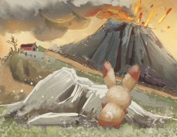 barn bear_tail commentary deka_boomz dirt_road eruption fence from_behind gen_3_pokemon grass hiding highres lava nintendo numel outdoors pokemon pokemon_(creature) road rock smoke spinda tail tree volcano wooden_fence