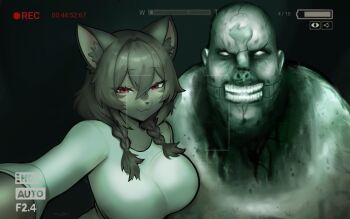 1boy 1girl animal_ear_fluff animal_ears animal_nose artist_name braid breasts brown_fur brown_hair camera chris_walker furry furry_female large_breasts long_hair looking_at_viewer night_vision_effect original outlast recording red_eyes shirt smile teeth twin_braids valleedolla white_shirt
