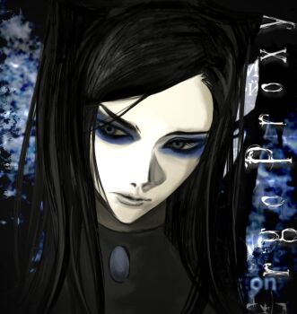1girl black_hair blue_background blue_eyes blue_eyeshadow closed_mouth copyright_name ergo_proxy expressionless eyeshadow grey_shirt highres kr09_sys long_hair makeup re-l_mayer shirt solo swept_bangs