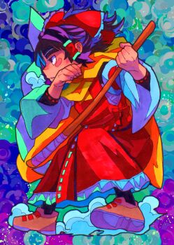 1girl black_hair black_shirt black_socks blush_stickers bow brown_shoes colorful_background commentary_request detached_sleeves frilled_bow frilled_skirt frills from_side full_body gohei hair_bow hair_tubes hakurei_reimu hands_up highres holding holding_gohei inuyama_konan parted_lips red_bow red_shirt red_skirt ribbon-trimmed_sleeves ribbon_trim scarf shide shirt shoes skirt sleeveless sleeveless_shirt socks solo touhou undershirt yellow_scarf