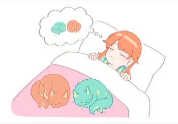 1girl breasts chonkers_(takanashi_kiara) dreaming earrings feather_earrings feathers highres hololive hololive_english jewelry long_hair multicolored_hair orange_hair purple_eyes resu_desu sleeping smoothie_(takanashi_kiara) takanashi_kiara virtual_youtuber