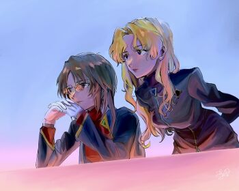 2girls arms_behind_back black_coat blonde_hair blue_background blue_eyes breasts brown_hair coat commentary commentary_request cosplay dan_da_dan86 elbow_rest english_commentary expressionless fuyutsuki_kouzou fuyutsuki_kouzou_(cosplay) gendou_pose glasses gloves hands_clasped ikari_gendou ikari_gendou_(cosplay) ikari_yui leaning_forward long_hair long_sleeves medium_breasts mixed-language_commentary multiple_girls neon_genesis_evangelion nerv open_mouth own_hands_clasped own_hands_together partial_commentary red_shirt role_reversal shirt signature sitting souryuu_kyouko_zeppelin standing tinted_eyewear white_gloves