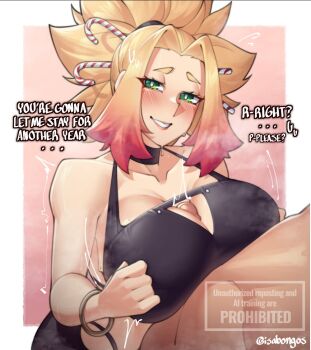 1boy 1girl black_bra blush border bra breasts english_text green_eyes high_ponytail huge_breasts isabongos long_hair original paizuri parted_lips pink_background ponytail simple_background smile solo_focus underwear upper_body white_border