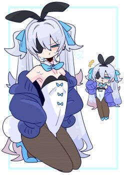 1boy :3 animal_ear_hairband animal_ears arched_back armpits bare_shoulders black_choker black_hairband black_pantyhose blue_bow blue_bowtie blue_cardigan blue_eyes blue_hair blue_shoes blush bow bowtie bulge cardigan chibi choker collarbone colored_tips commentary covered_navel crossdressing crossdressing_(mtf) detached_collar double-parted_bangs earclip eyepatch fake_animal_ears fake_tail flipped_hair full_body furrowed_brow hair_between_eyes hair_bow hair_intakes hairband hand_up hands_on_own_hips high_heels highleg highleg_leotard highres kneeling leotard long_hair long_sleeves looking_at_viewer male_focus male_playboy_bunny multicolored_hair multiple_views no_nose off_shoulder one_eye_covered op_na_yarou open_cardigan open_clothes original pantyhose parted_lips playboy_bunny pout quad_tails rabbit_ear_hairband rabbit_ears rabbit_tail red_hair rigel_(op_na_yarou) shoes sidelocks simple_background sleeves_past_fingers sleeves_past_wrists standing straight_hair strapless strapless_leotard sweat tail trap very_long_hair watermark white_background white_hair white_leotard