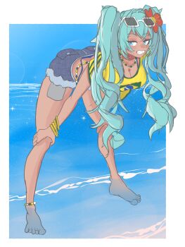 1girl :d anklet aqua_hair barefoot beach bikini blue_bikini border brazilian_flag brazilian_flag_print brazilian_miku breasts cleavage dark-skinned_female dark_skin eyewear_on_head flag_print flower grin hair_flower hair_ornament hands_on_own_knees hatsune_miku highres jewelry long_hair open_mouth shirt shorts smile solo sunglasses swimsuit tan tanline twintails vocaloid waves white_border yahnuko yellow_shirt