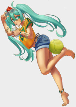 1girl ahoge armlet ass ball barefoot blue_shorts bracelet brazilian_flag brazilian_flag_print brazilian_miku breasts crop_top dozy_kiwi drinking drinking_straw earrings eyewear_lift feet flag_print flower green_eyes green_nails grey_hair hair_between_eyes hair_flower hair_ornament hatsune_miku holding_glass jewelry leg_up lime_(fruit) lime_slice long_hair medium_breasts midriff shirt shorts solo standing standing_on_one_leg sunglasses sunglasses_on_head tan thighs tiptoes toes twintails vocaloid volleyball_(object) white_background yellow_nails yellow_shirt