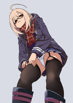 1girl ahoge artoria_pendragon_(fate) black-framed_eyewear black_garter_straps black_thighhighs blonde_hair blue_jacket blue_skirt commentary_request fate/grand_order fate_(series) fu-ta garter_straps grey_background jacket long_sleeves looking_at_viewer mysterious_heroine_x_alter_(fate) open_mouth panties pantyshot plaid_clothes plaid_scarf pleated_skirt red_scarf scarf semi-rimless_eyewear simple_background skirt smile solo thighhighs under-rim_eyewear underwear white_panties