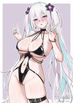 1girl aqua_pupils azur_lane between_breasts black_one-piece_swimsuit breast_strap breasts cameltoe cleavage clothing_cutout commentary_request commission cosplay double_v flower frontal_wedgie hair_flower hair_ornament highres kearsarge_(azur_lane) large_breasts long_hair looking_at_viewer mogador_(azur_lane) mogador_(azur_lane)_(cosplay) mogador_(locker_room_lechery)_(azur_lane) navel navel_cutout official_alternate_costume one-piece_swimsuit oregano_(olgn_eao) partially_visible_vulva pixiv_commission purple_eyes pussy pussy_peek sideless_swimsuit solo standing swimsuit thigh_strap twintails untied_swimsuit v wedgie white_hair