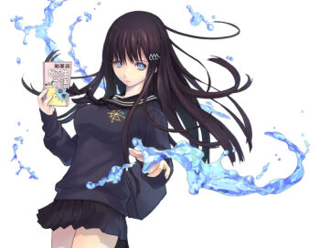 1girl bag black_hair blue_eyes book breasts eat eat0123 female_focus hair_ornament hairclip long_hair mosina official_art pleated_skirt school_bag school_uniform simple_background skirt solo sweater water