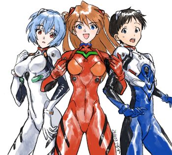 1boy 2girls :o arano_nknk ayanami_rei blue_bodysuit blue_hair bodysuit breasts dated highres holding_another&#039;s_arm ikari_shinji mecha_pilot_suit medium_breasts multiple_girls neon_genesis_evangelion plugsuit_(evangelion) red_eyes simple_background smile souryuu_asuka_langley standing sweat white_background white_bodysuit