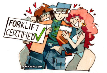 >:) 1boy 2girls aqua_shirt artist_name bikini caress checkmark commentary cropped_legs cubism denim earrings english_text forklift_certified_(meme) gold_earrings hand_in_pocket hat heart high-visibility_clothing high-visibility_vest holding holding_sign jeans jewelry long_hair magnagallina meme multiple_girls original pants shirt sign simple_background smirk smug swimsuit symbol-only_commentary v-shaped_eyebrows white_background white_bikini