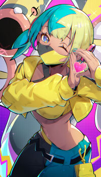 1girl absurdres aqua_hair bandeau black_pants blonde_hair blue_eyes blue_pants canari_(pokemon) dark-skinned_female dark_skin eelektross gen_5_pokemon heart heart_hands highres jacket kumo33 looking_at_viewer multicolored_hair nail_polish nintendo one_eye_closed pants pokemon pokemon_(creature) pokemon_legends:_z-a solo two-tone_pants yellow_bandeau yellow_jacket
