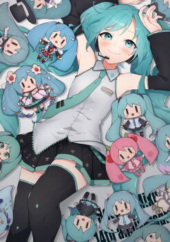 1girl absurdly_long_hair absurdres anniversary aqua_belt aqua_hair aqua_nails aqua_necktie aqua_ribbon aqua_skirt armpits arms_up bare_shoulders belt black_eyes black_hat black_jacket black_ribbon black_skirt black_thighhighs blue_eyes blue_hair blue_ribbon blush_stickers boots braid brooch brown_boots cable cape capelet card character_doll character_name cherry_blossom_print cherry_hair_ornament closed_mouth collared_shirt detached_sleeves doll dot_nose dress dress_flower elbow_gloves feet_out_of_frame fingernails flat_chest floral_print flower food-themed_hair_ornament from_above gloves grey_shirt hair_ornament hair_ribbon hairclip happy hat hatsune_miku hatsune_miku_(if) hatsune_miku_(nt) hatsune_miku_(vocaloid4) headset high_ponytail highres jacket jewelry knee_up layered_skirt light_blush light_bulb_hair_ornament light_smile long_hair looking_at_viewer looking_up low-tied_long_hair low_twin_braids lying magical_mirai_(vocaloid) magical_mirai_miku magical_mirai_miku_(2013) magical_mirai_miku_(2016) magical_mirai_miku_(2017) magical_mirai_miku_(2018) magical_mirai_miku_(2021) microphone miku_symphony_(vocaloid) mikudayo mittens nail_polish neck_ribbon necktie odd_(miyoru) on_back on_floor pink_boots pink_hair pink_necktie pink_ribbon pink_shirt pink_skirt plaid_clothes plaid_skirt pleated_dress pleated_skirt ponytail ribbon sakura_miku shirt shiteyan&#039;yo skirt sleeveless sleeveless_shirt snowflake_print solo thigh_boots thighhighs tie_clip top_hat tsurime twin_braids twintails very_long_hair vocaloid white_capelet white_gloves white_hat white_ribbon white_skirt wide_sleeves yuki_miku yuki_miku_(2015) yuki_miku_(2021) zettai_ryouiki |_| ||_||