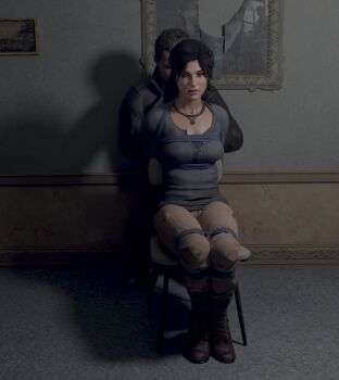 1boy 1girl 3d arms_behind_back bdsm bondage bound bound_ankles bound_legs breast_bondage breasts brown_eyes brown_hair chair highres jewelry konstantin lara_croft necklace one_eye_closed rope sitting skvrwiel tied_to_chair tomb_raider tomb_raider_(reboot)