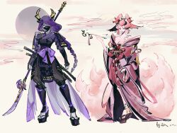 Rule 34 | 2girls, animal ears, armor, bare shoulders, bow, bowtie, braid, breasts, chest tattoo, cleavage, closed mouth, collarbone, couple, earrings, full moon, genshin impact, hair ornament, hair over one eye, hand up, headpiece, highres, holding, holding polearm, holding smoking pipe, holding weapon, japanese clothes, jewelry, katana, long hair, looking at viewer, mask, moon, mouth mask, multiple girls, multiple tails, nihongami, pink hair, polearm, purple bow, purple eyes, purple hair, raiden shogun, shoulder armor, single braid, smoke trail, smoking pipe, standing, sword, tail, tattoo, weapon, yae miko, yuri, yuru4086
