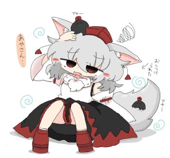 1girl animal animal_ear_fluff animal_on_head bird bird_on_head black_skirt commentary_request detached_sleeves fang grey_hair hat inubashiri_momiji kuuinusuki on_head open_mouth pom_pom_(clothes) red_eyes red_hat shameimaru_aya shameimaru_aya_(crow) shirt short_hair simple_background skirt squiggle tail tokin_hat touhou translation_request white_background white_shirt wolf_tail