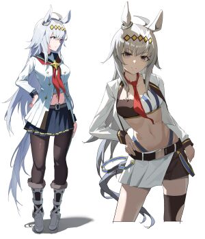 1girl absurdres ahoge animal_ears belt black_belt black_jacket black_pantyhose black_skirt blue_eyes boots closed_mouth commentary_request crop_top diamond_hairband grey_boots grey_hair grey_tail hair_between_eyes half-skirt hand_on_own_hip highres horse_ears horse_girl horse_tail jacket knee_boots long_hair looking_at_viewer midriff miniskirt multicolored_hair multiple_views navel neckerchief necktie oguri_cap_(starlight_beat)_(umamusume) oguri_cap_(umamusume) pantyhose pleated_skirt red_neckerchief red_necktie simple_background skirt smile standing stomach streaked_hair tail umamusume umamusume:_cinderella_gray white_background white_jacket white_skirt yin_lan-